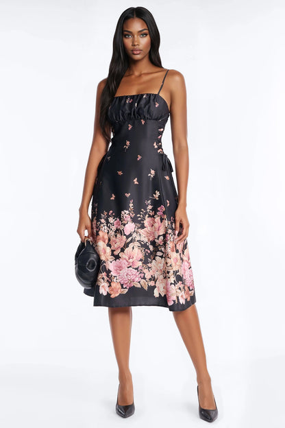 Selene Floral Satin Midi Dress - Black