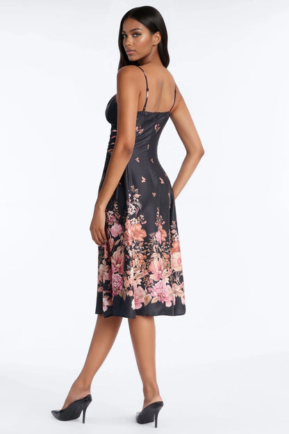Selene Floral Satin Midi Dress - Black