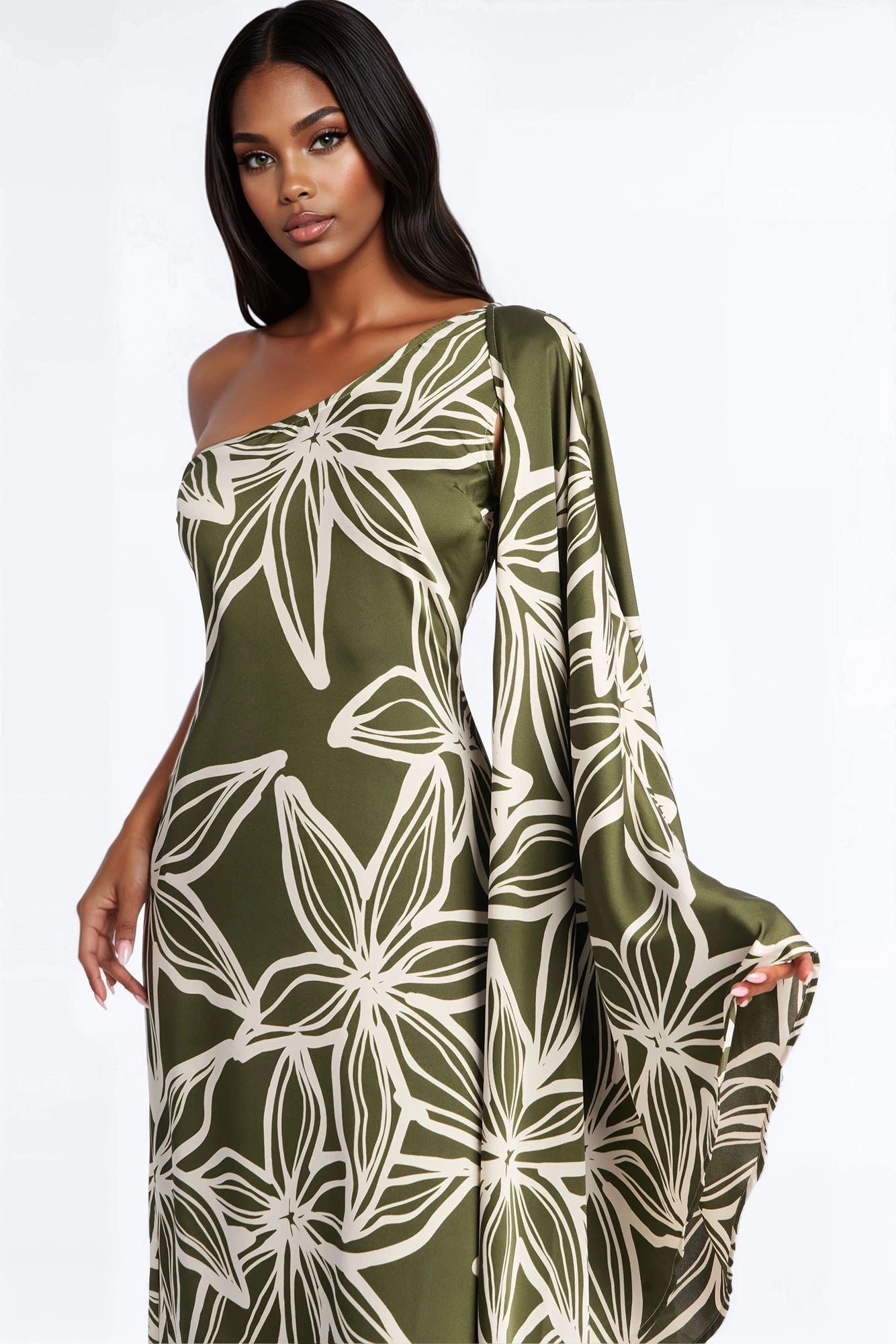 Maeve One Shoulder Satin Maxi Dress - Olive/combo