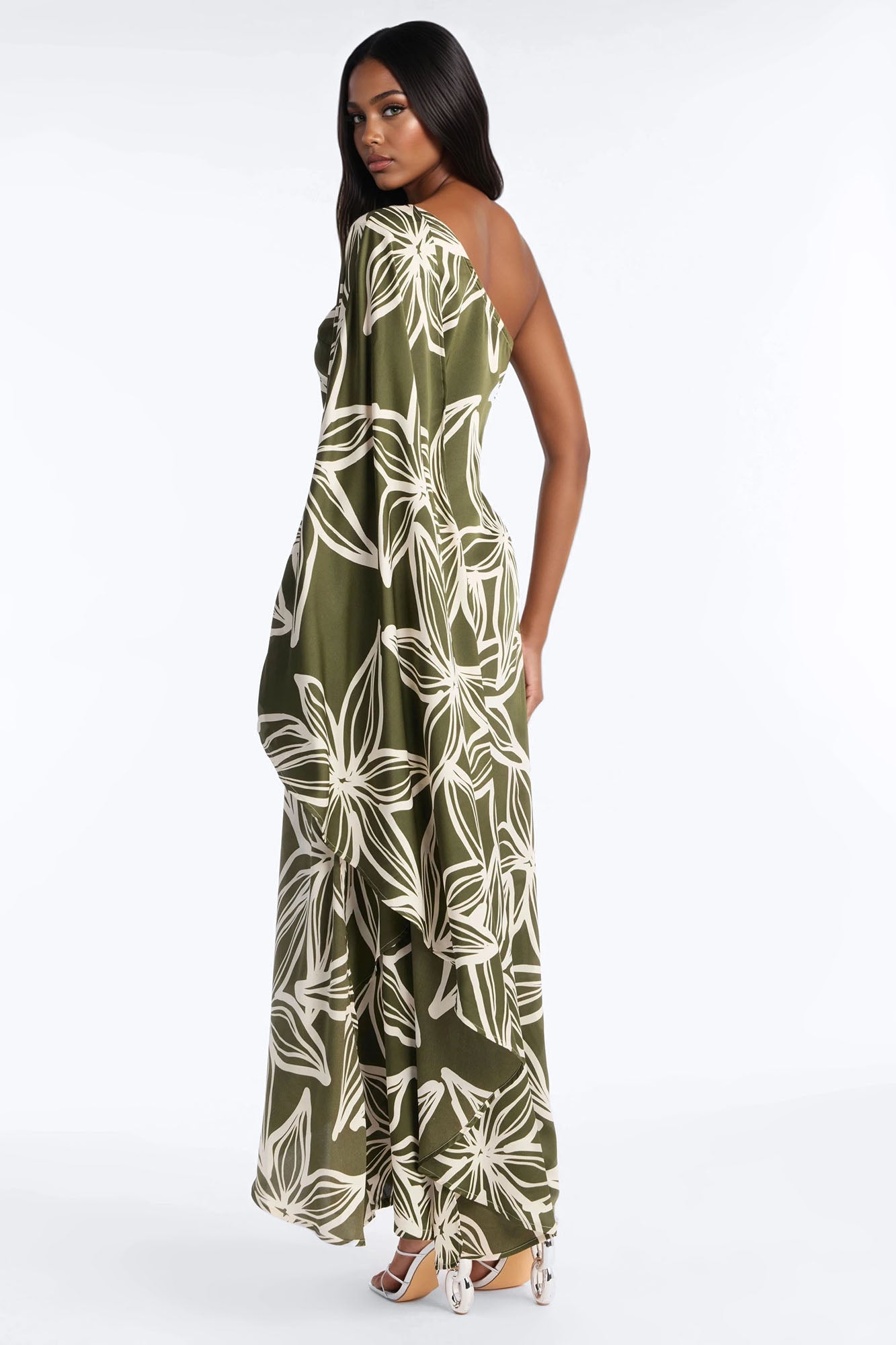 Maeve One Shoulder Satin Maxi Dress - Olive/combo