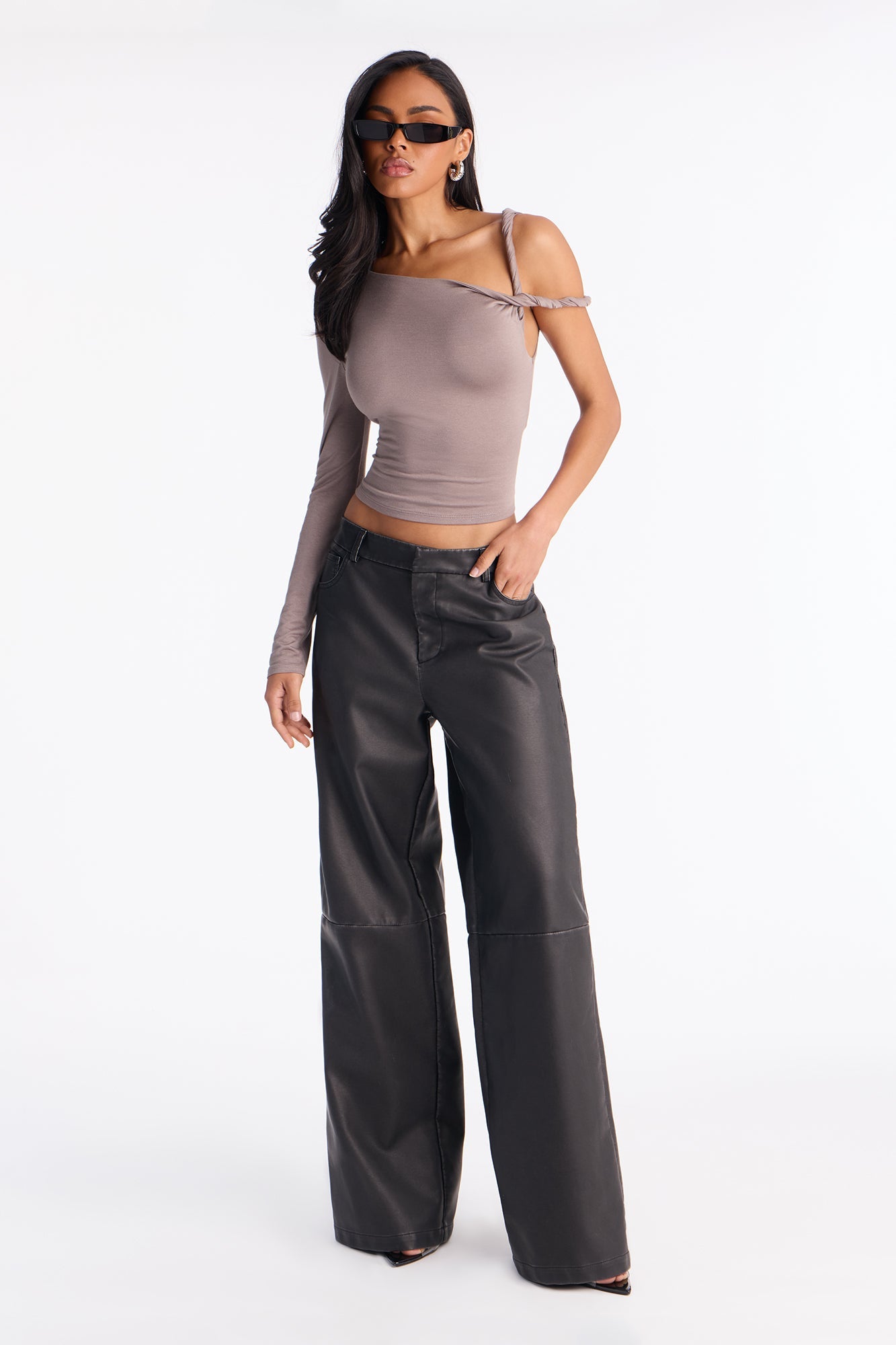 Double Down Faux Leather Wide Leg Pant 33″ - Black