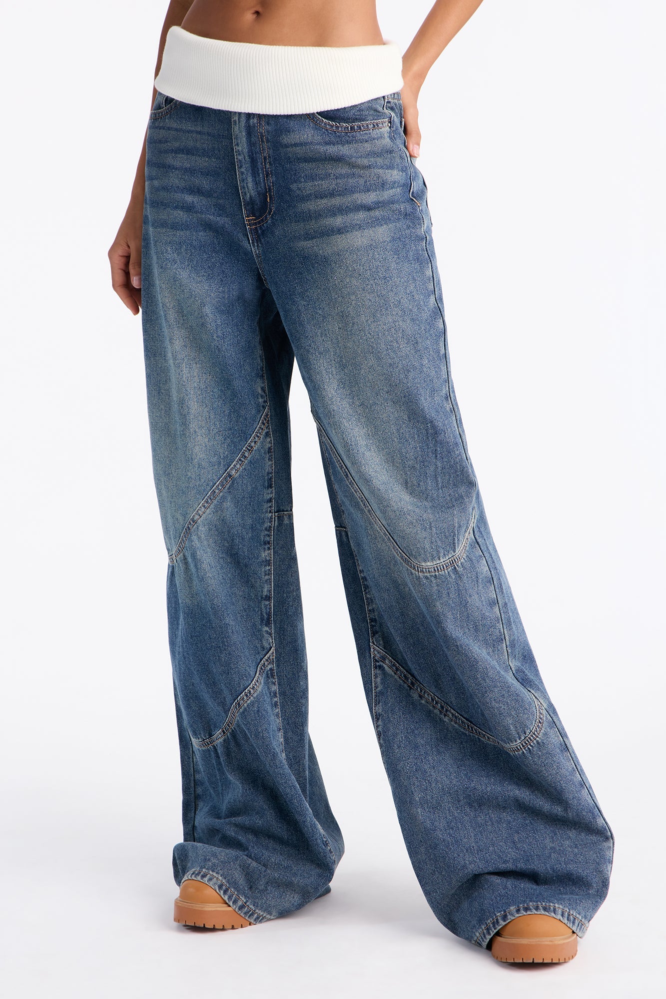 Off I Go Rib Waistband Baggy Jeans - Vintage Wash