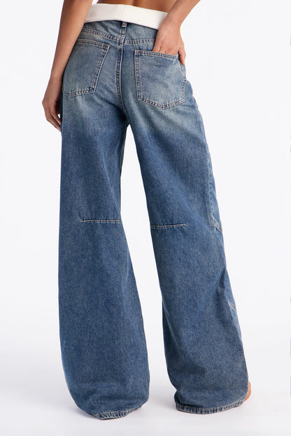 Off I Go Rib Waistband Baggy Jeans - Vintage Wash