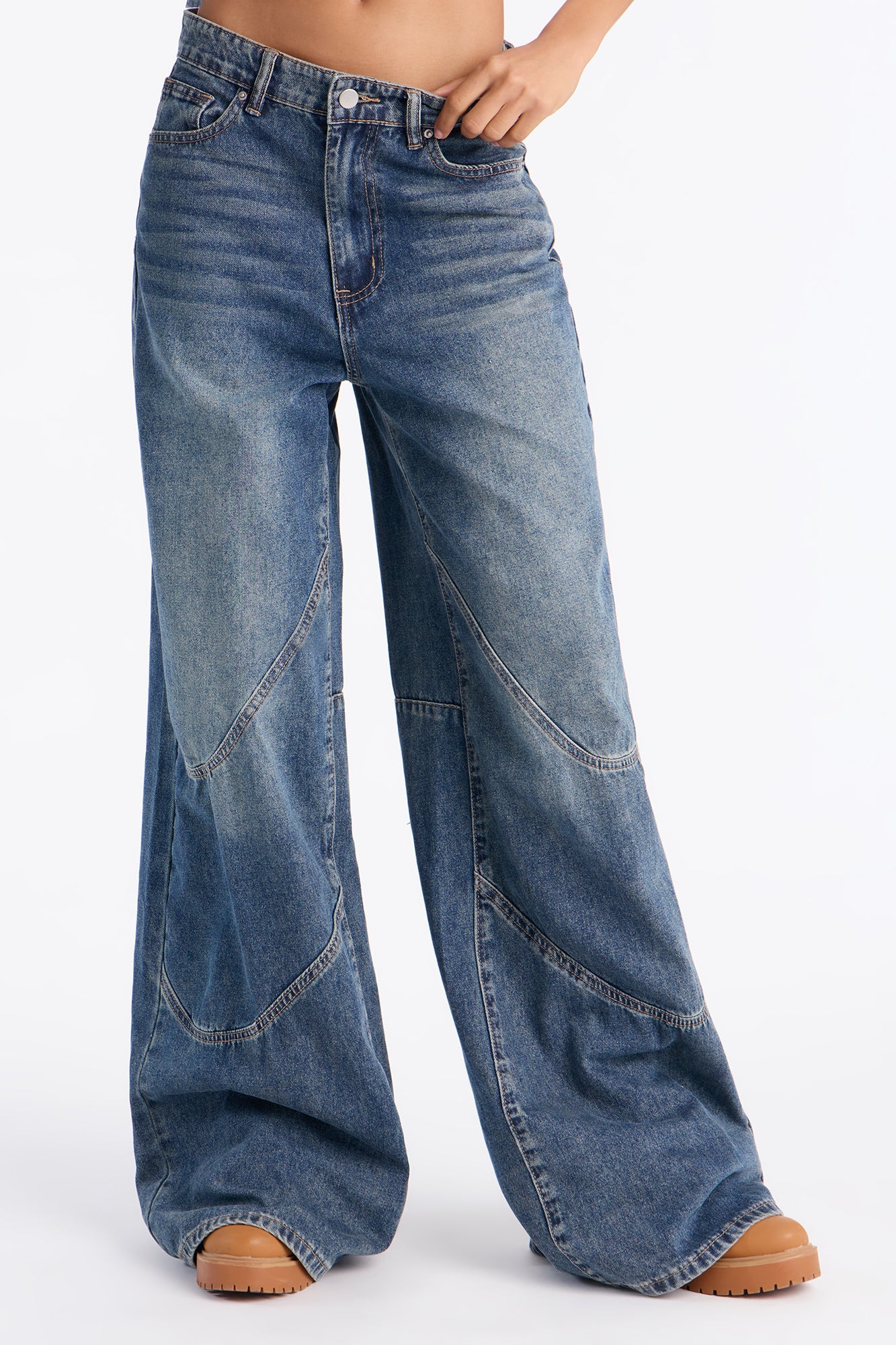 Off I Go Rib Waistband Baggy Jeans - Vintage Wash