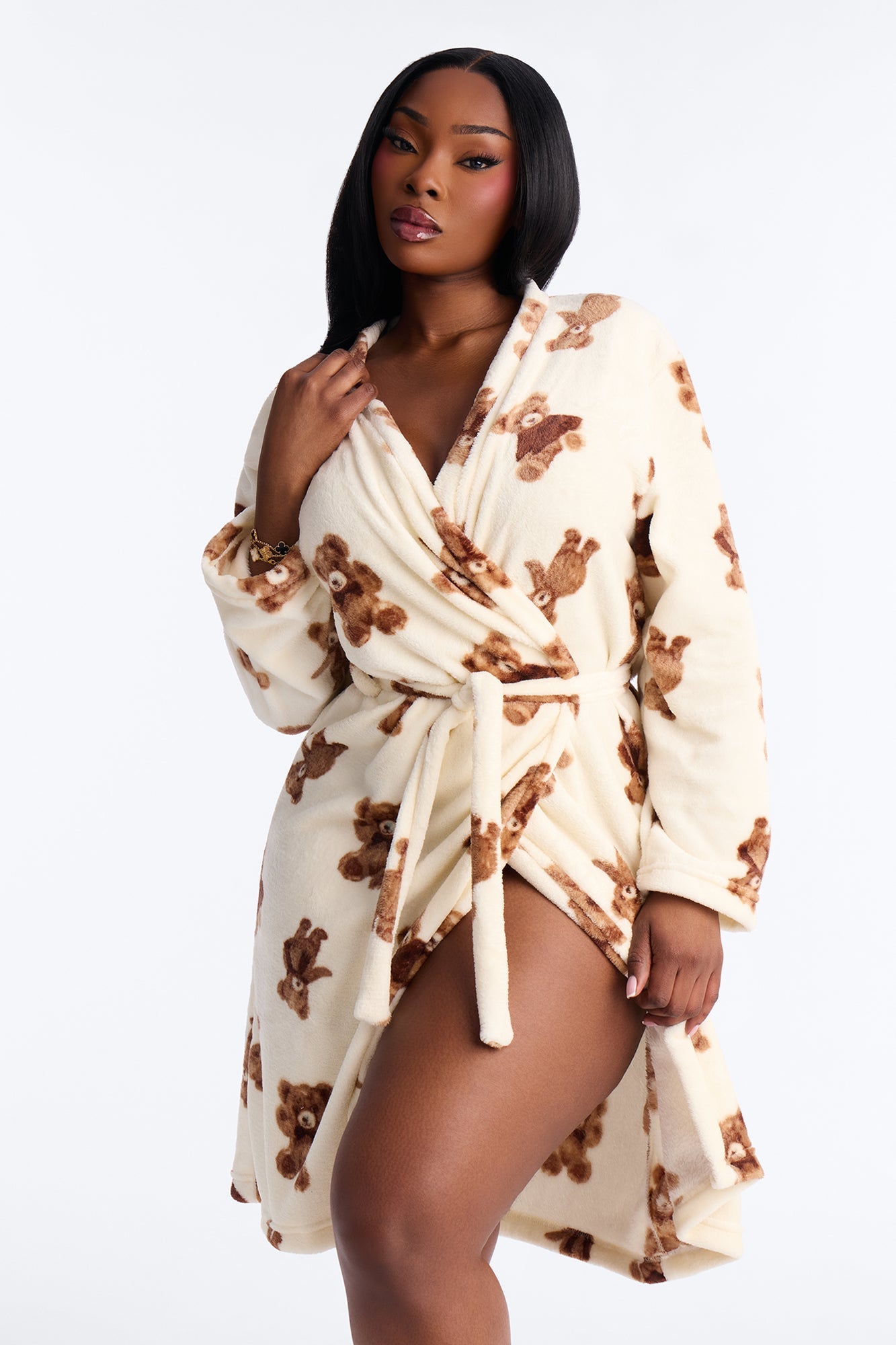 Beary Cozy Plush PJ Robe - Ivory/combo