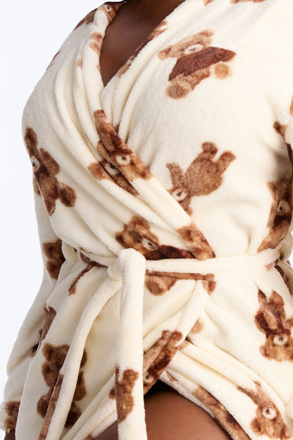 Beary Cozy Plush PJ Robe - Ivory/combo