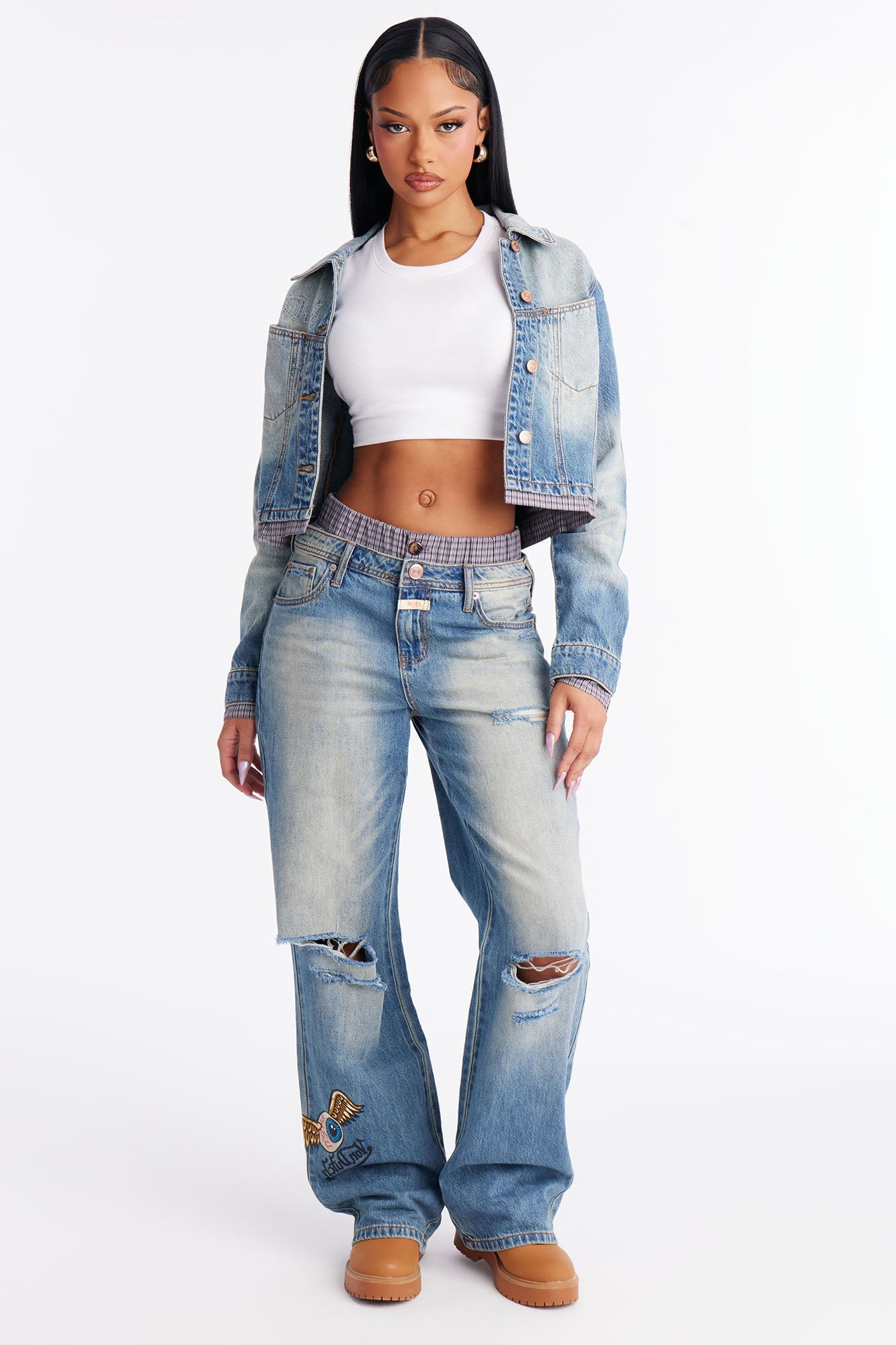Von Dutch Plaid Boxer Wide Leg Jeans - Vintage Wash