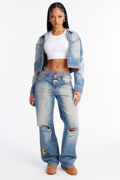 Von Dutch Plaid Boxer Wide Leg Jeans - Vintage Wash