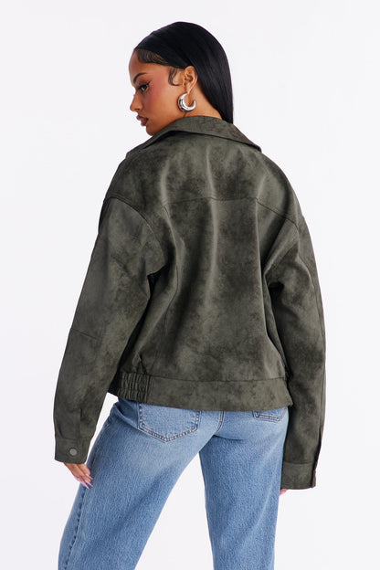 Corey Washed Faux Leather Bomber Jacket - Olive