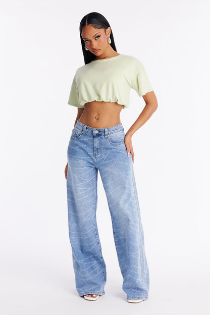 Heart In Chains Printed Wide Leg Jeans - Medium Wash