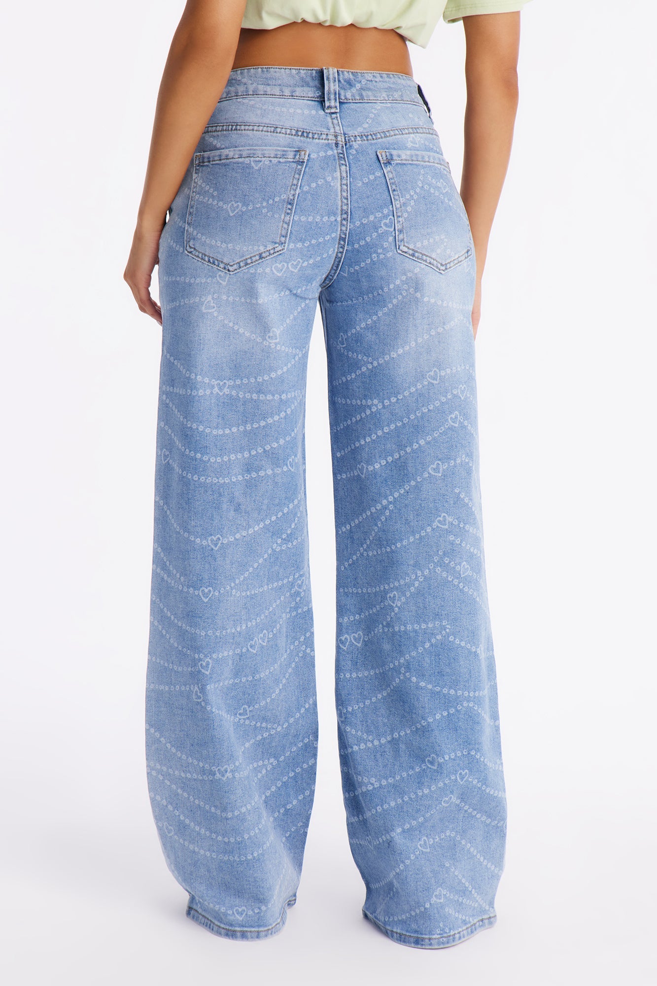 Heart In Chains Printed Wide Leg Jeans - Medium Wash