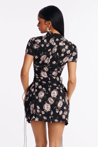 Joelle Short Sleeve Floral Mini Dress - Black/combo