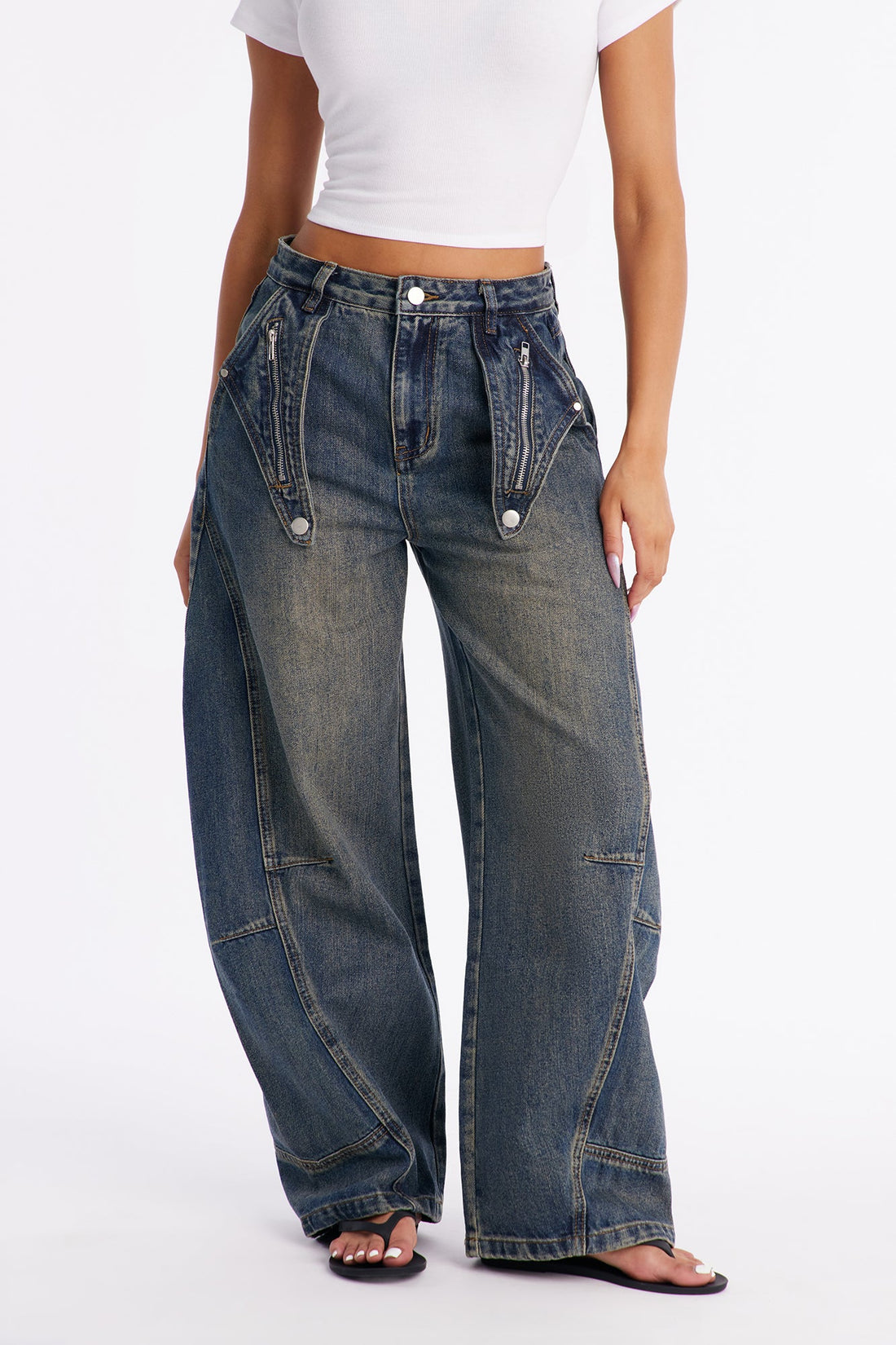 Up For Grabs Barrel Leg Jeans - Vintage Wash