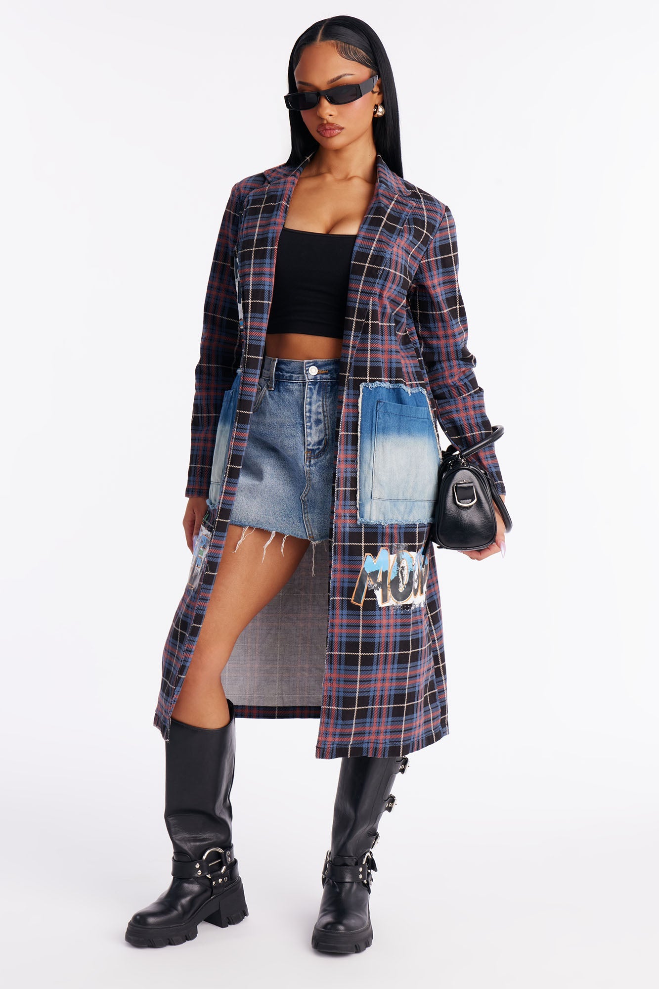 All Patched Up Plaid Graffiti Long Blazer - Purple/combo