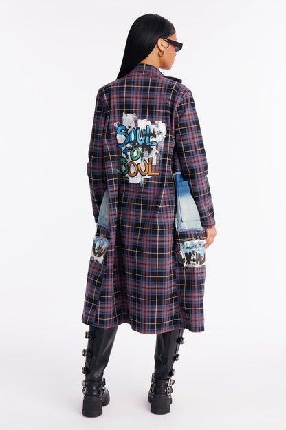 All Patched Up Plaid Graffiti Long Blazer - Purple/combo