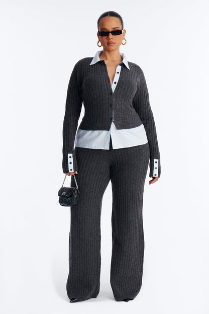 Lazy Monday Collar Sweater Wide Leg Pant Set - Charcoal