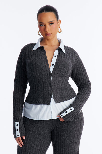 Lazy Monday Collar Sweater Wide Leg Pant Set - Charcoal