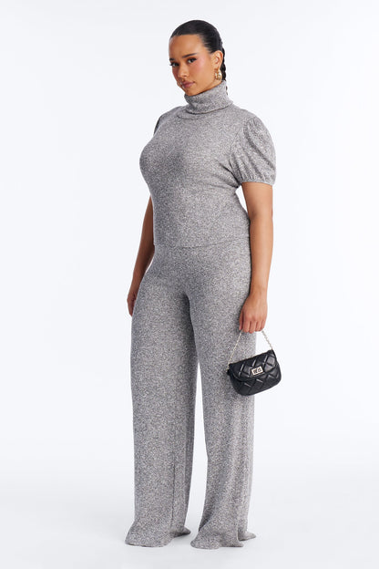 Maya Turtle Neck Short Sleeve Flare Pant Set - Grey