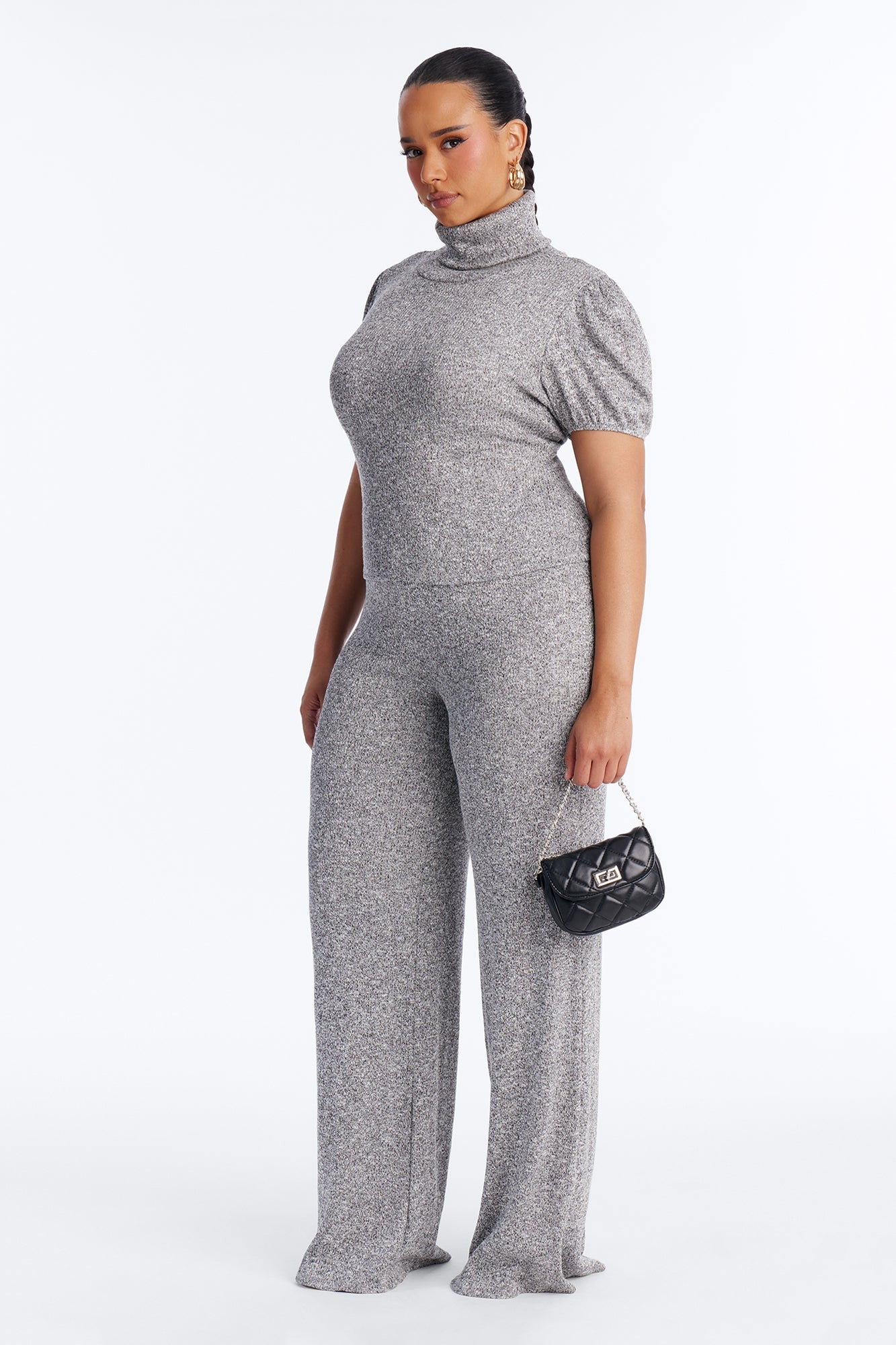 Maya Turtle Neck Short Sleeve Flare Pant Set - Grey
