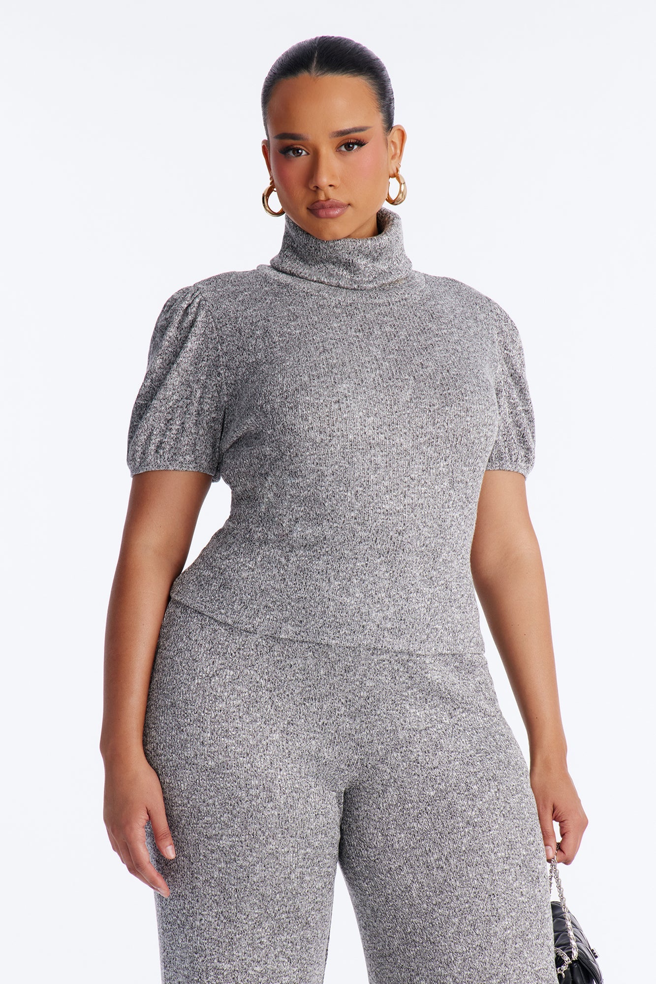 Maya Turtle Neck Short Sleeve Flare Pant Set - Grey