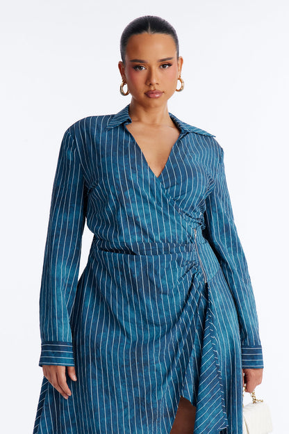 Adeline Pinstripe Tie Dye Midi Dress - Navy