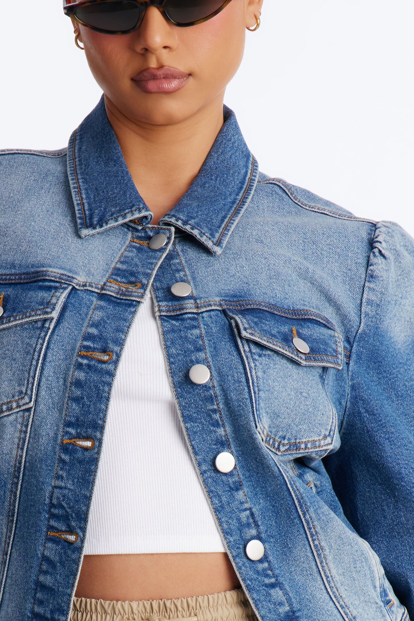Princessa Puff Sleeve Denim Jacket - Medium Wash