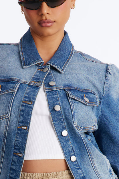 Princessa Puff Sleeve Denim Jacket - Medium Wash