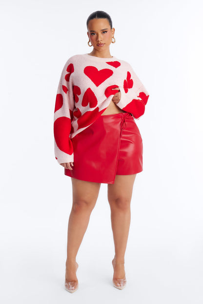 Autumn Vibes Faux Leather Wrap Skort - Red