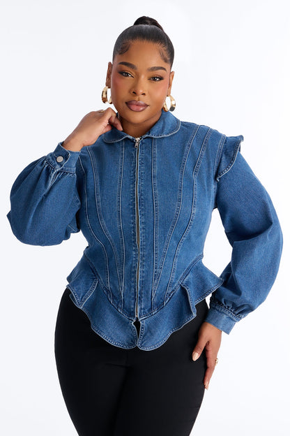 Her Majesty Zip Up Denim Jacket - Medium Blue Wash