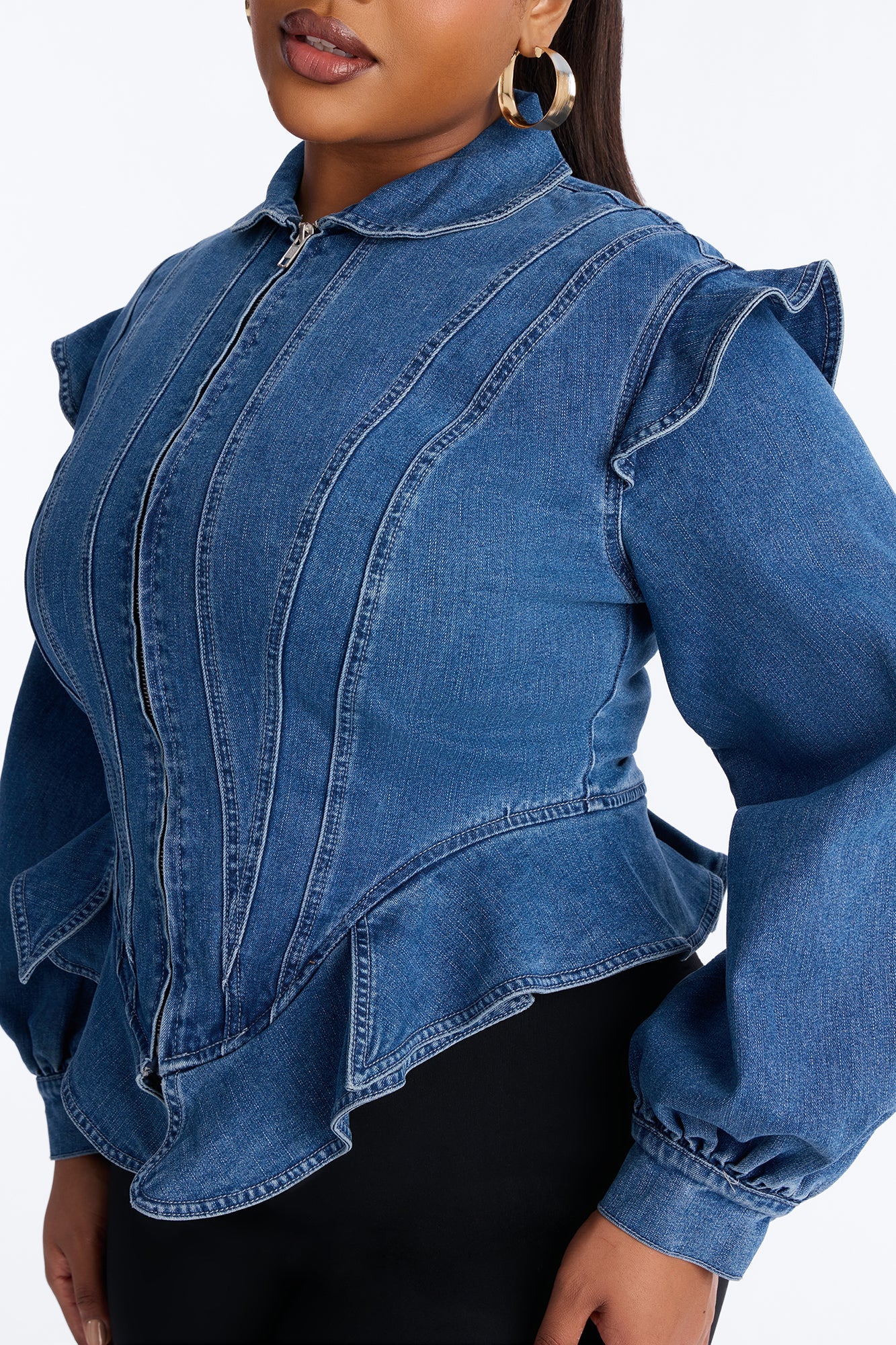 Her Majesty Zip Up Denim Jacket - Medium Blue Wash
