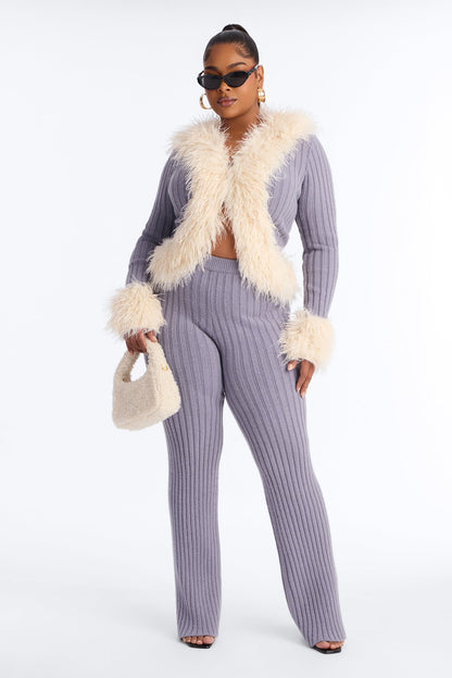 Fur Flirt Sweater Pant Set - Slate Blue