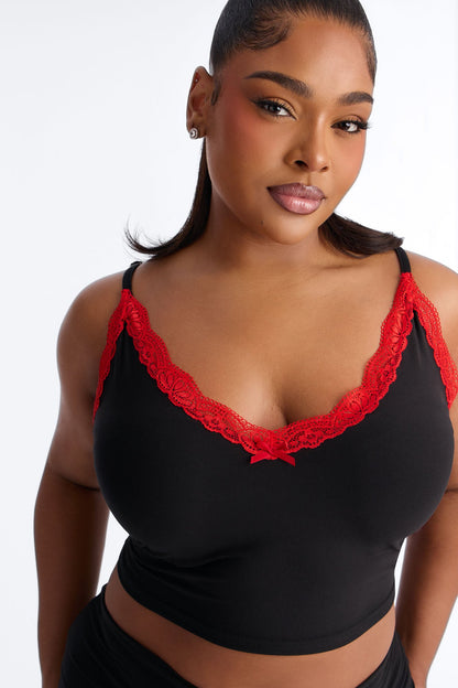 Always Sleeping Cami Fold Over Waist PJ Pant Set - Black/Red