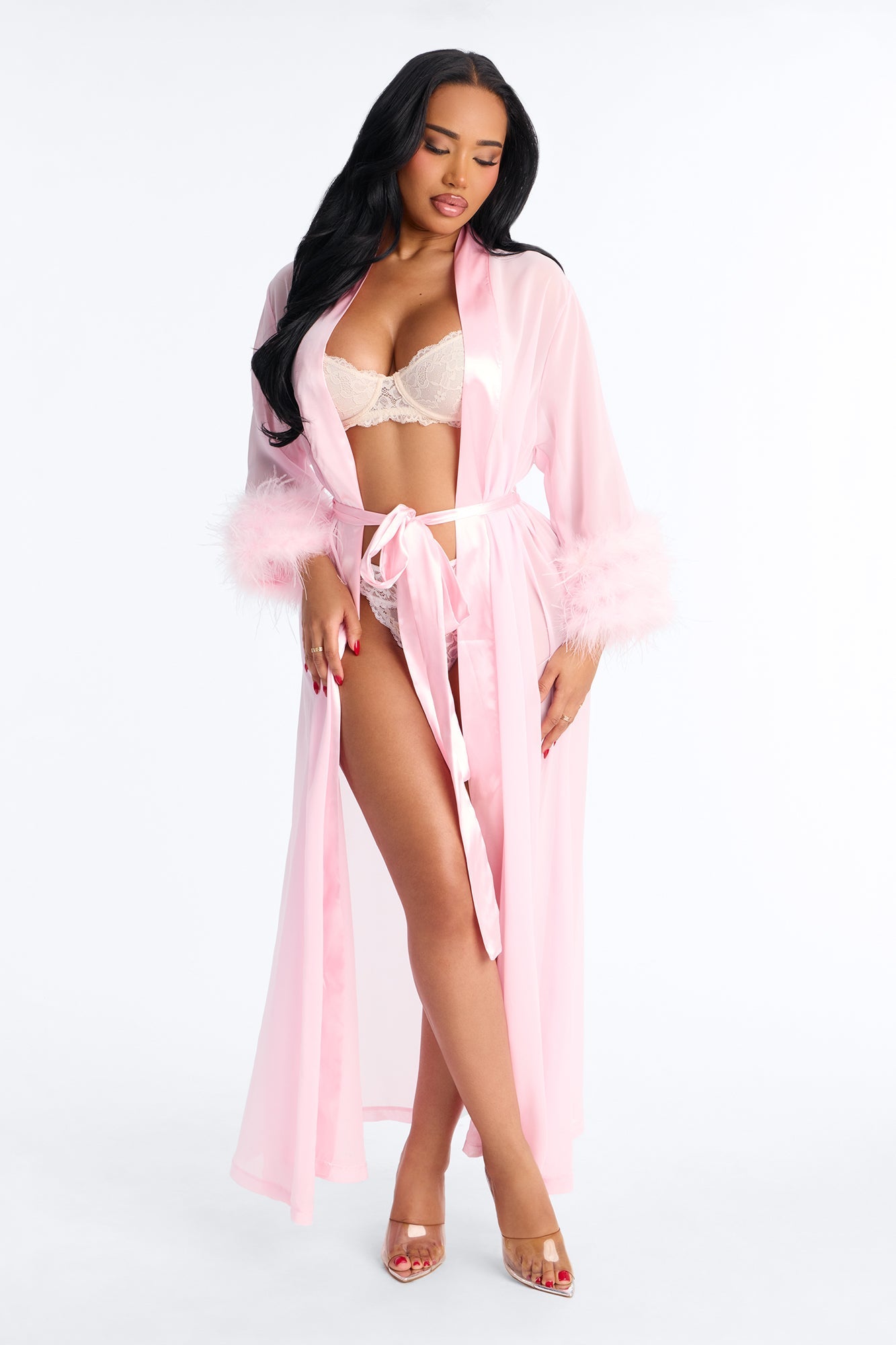 Romance Me Sheer Feather Trim Robe - Pink