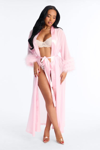 Romance Me Sheer Feather Trim Robe - Pink