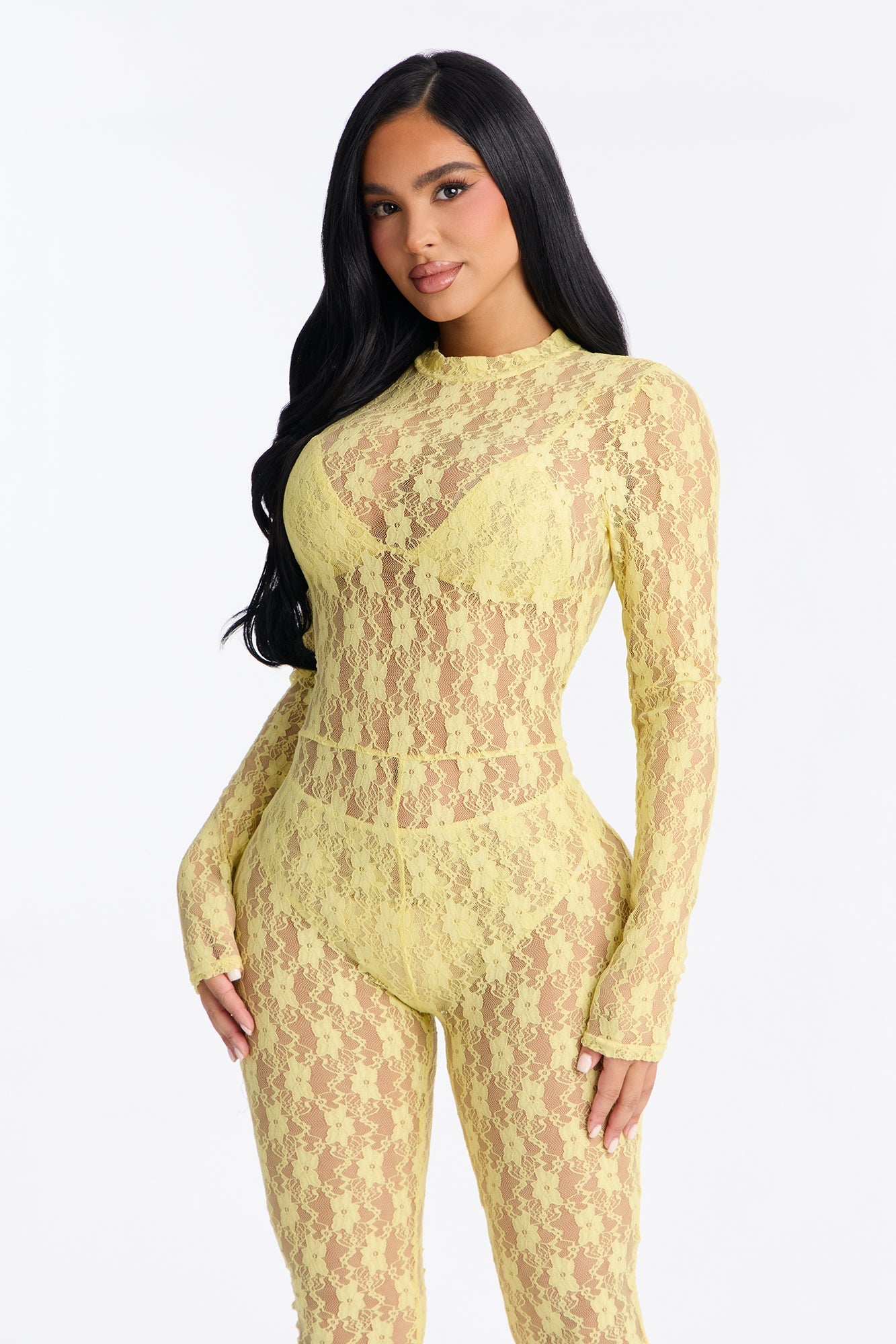 Angelica Lace Stirrup Catsuit 3 Piece Set - Butter Yellow