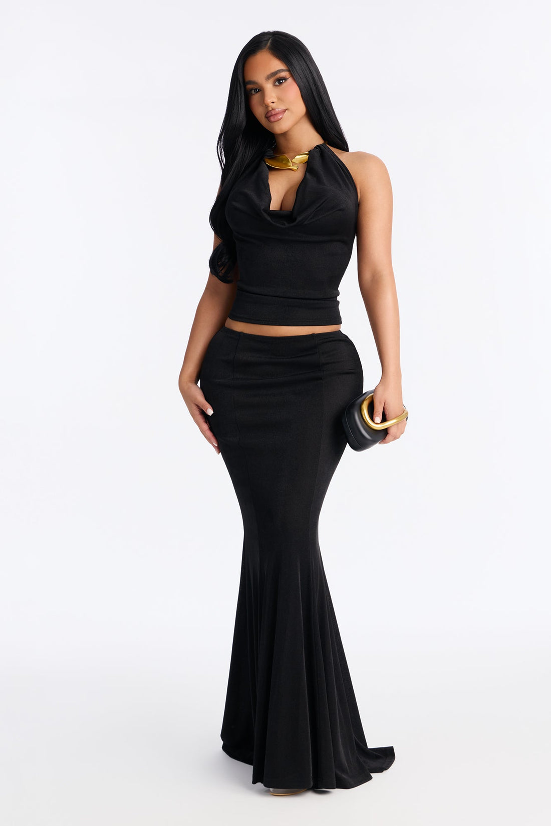 Rina Hardware Halter Maxi Skirt Set - Black