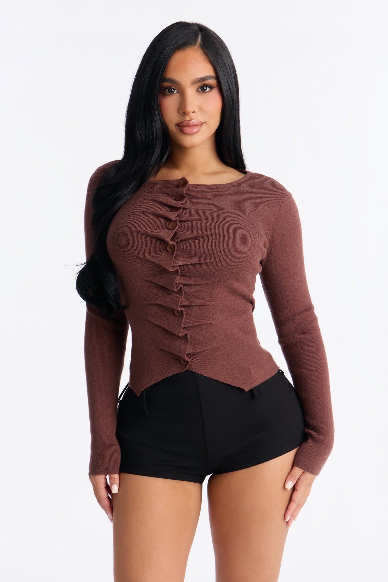 Mavie Ruched Sweater Top - Chocolate