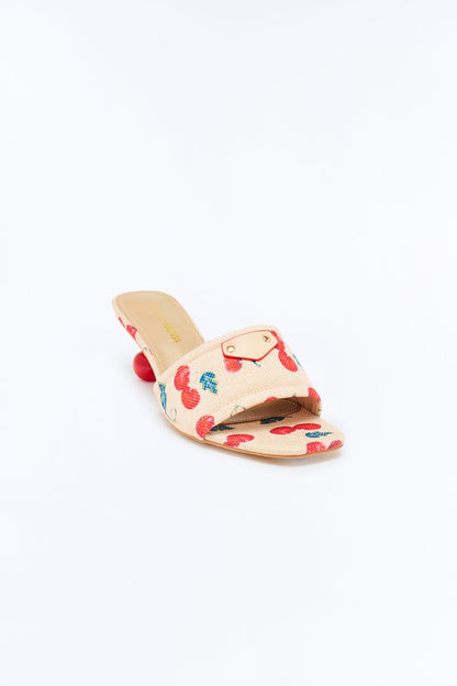 Cheerful Cherry Kitten Heel Mules - Natural