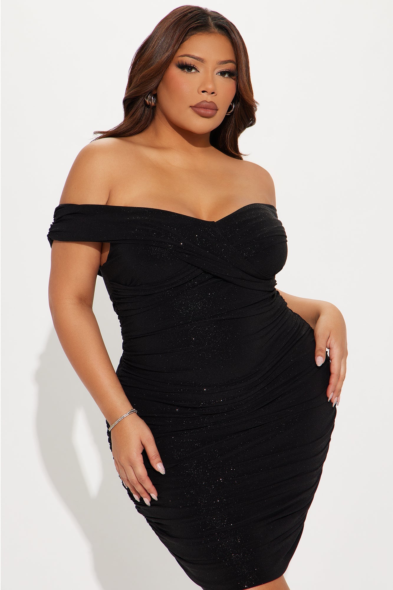 Rhoda Ruched Glitter Midi Dress - Black