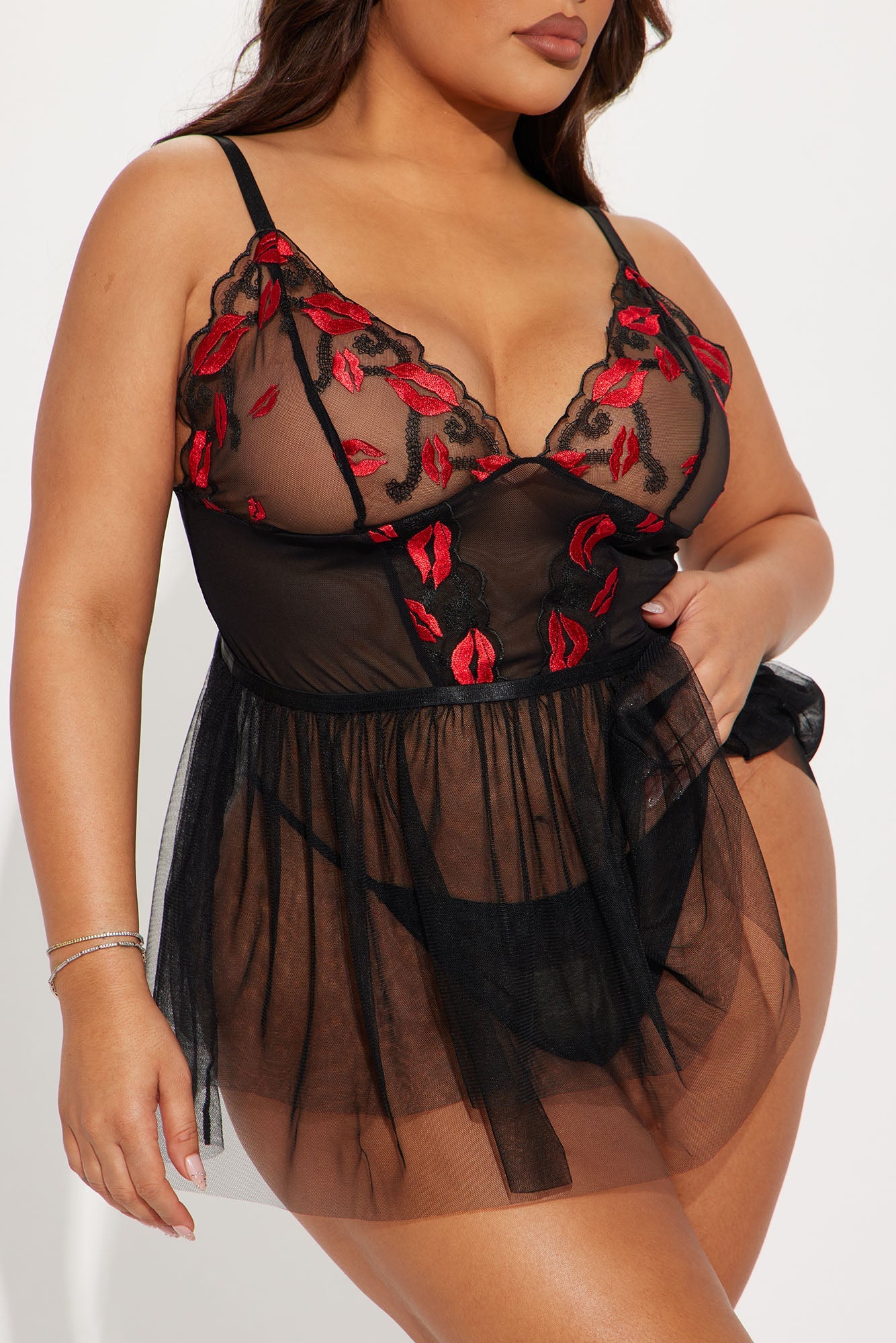 Evelyn Kiss Kiss Lace Babydoll - Black/Red