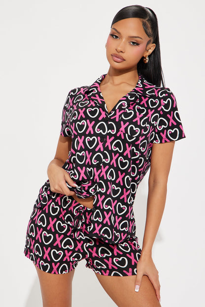 Hug And Kiss Me PJ Short Set - Black/combo