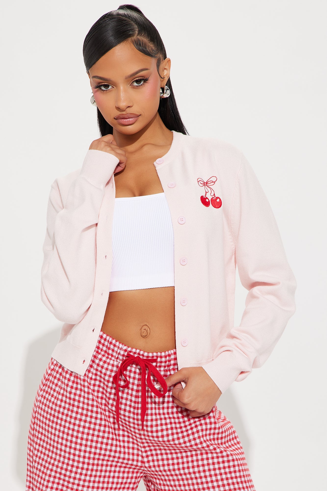 Bow On Top Cherry Cardigan - Pink