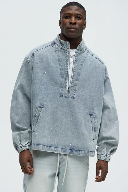 Distressed Denim Anorak Jacket - Light Wash