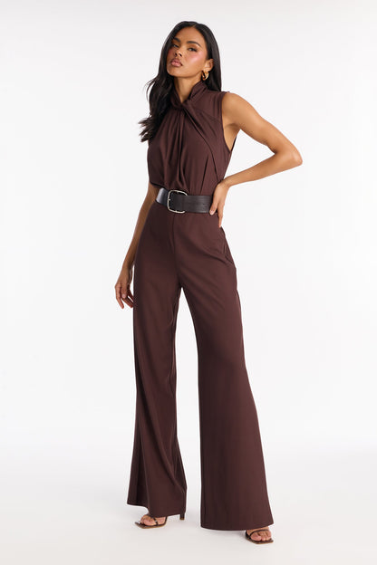 Sienna Belted Wide Leg Jumpsuit - Chocolate