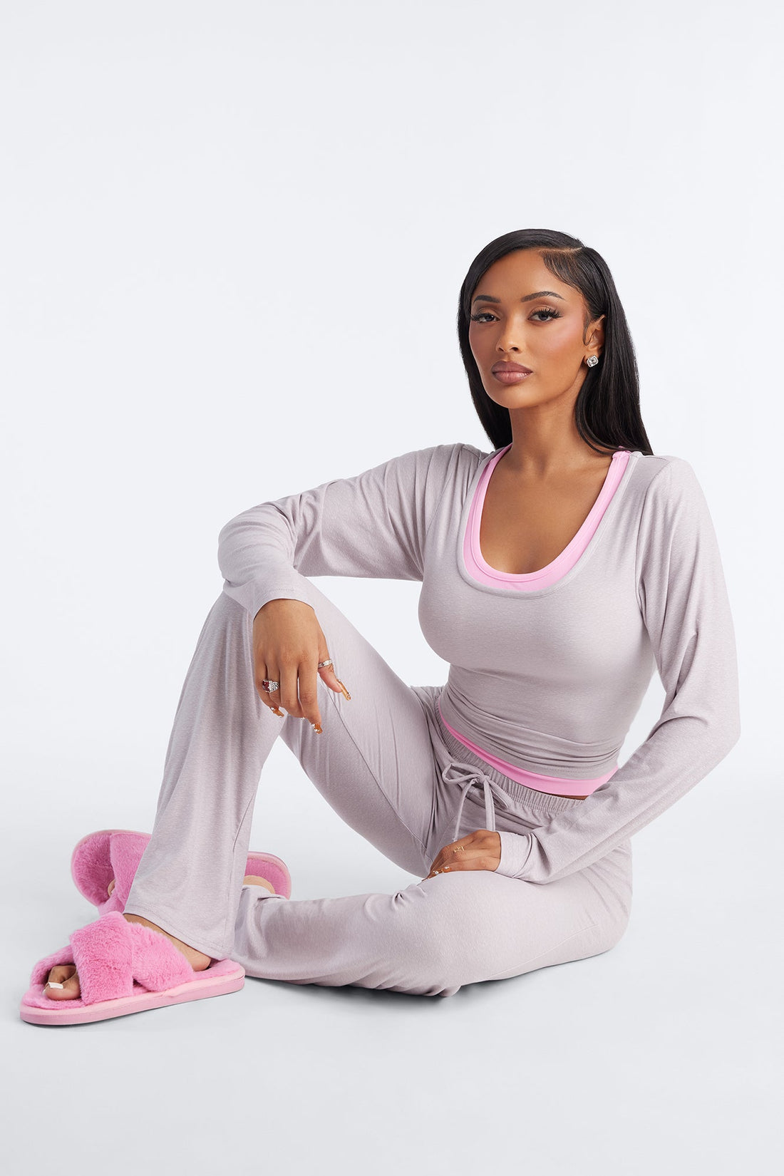 Ready For Bed Long Sleeve PJ Pant Set - Heather Grey