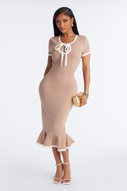Set The Bar Short Sleeve Midi Dress - Taupe