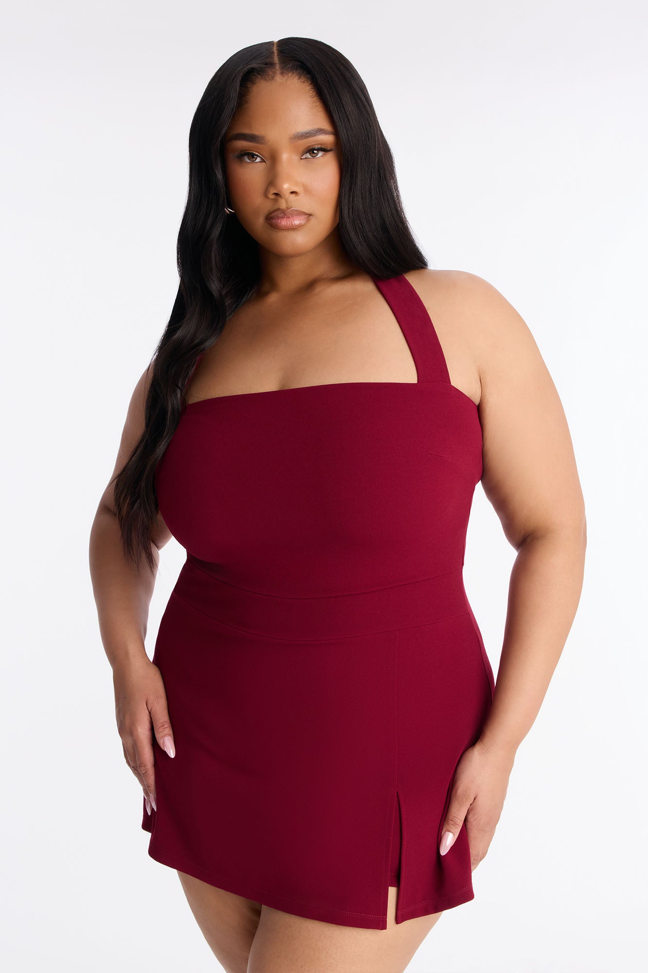 First Time Here Crepe Skort Romper - Burgundy