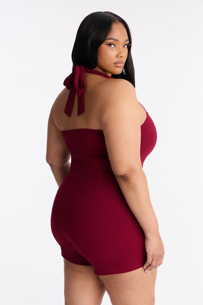 First Time Here Crepe Skort Romper - Burgundy