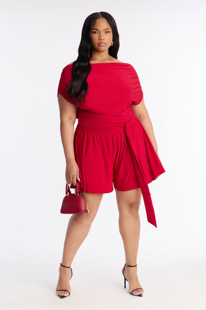 Uma Ruched Short Sleeve Romper - Red