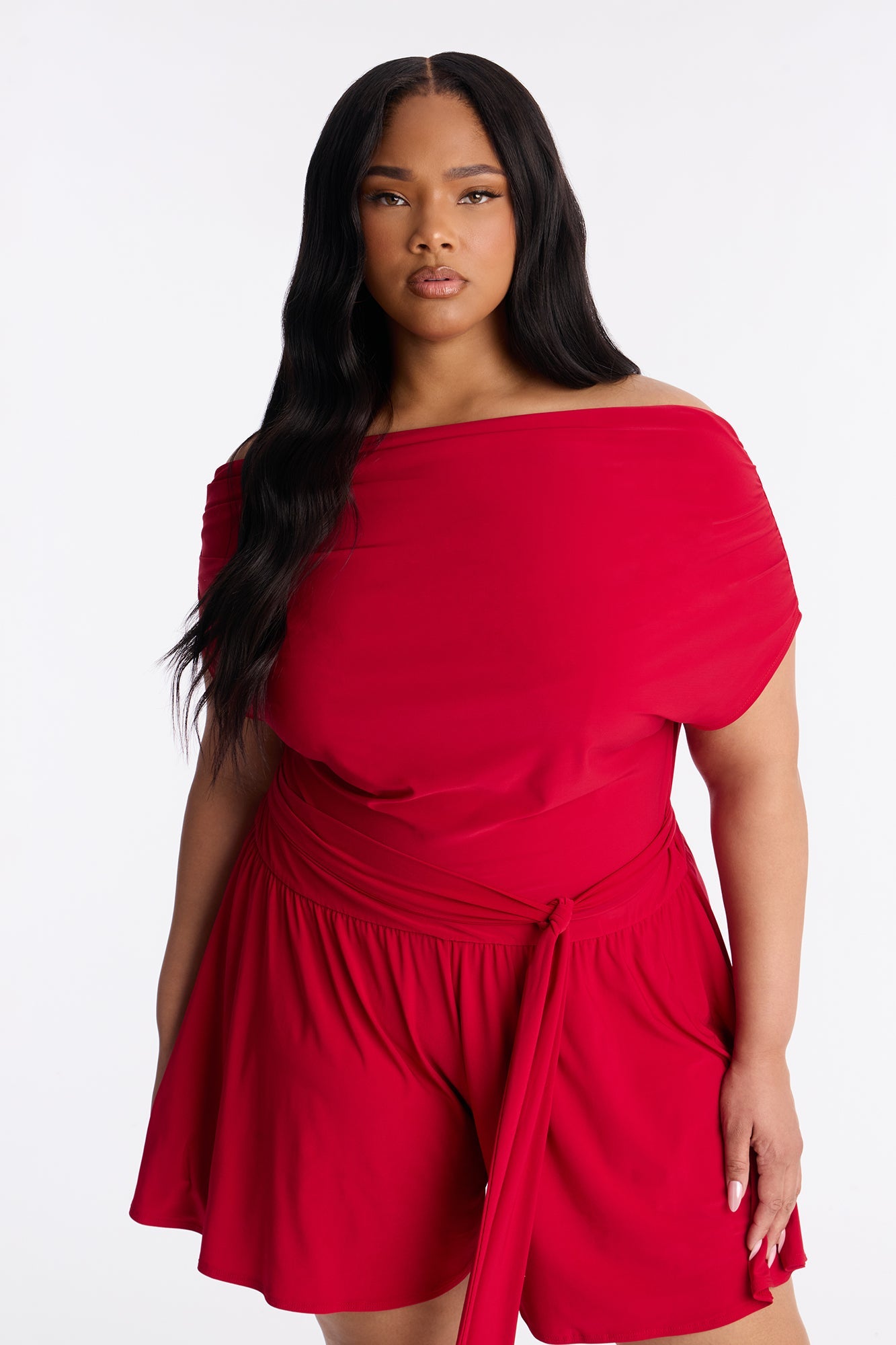 Uma Ruched Short Sleeve Romper - Red